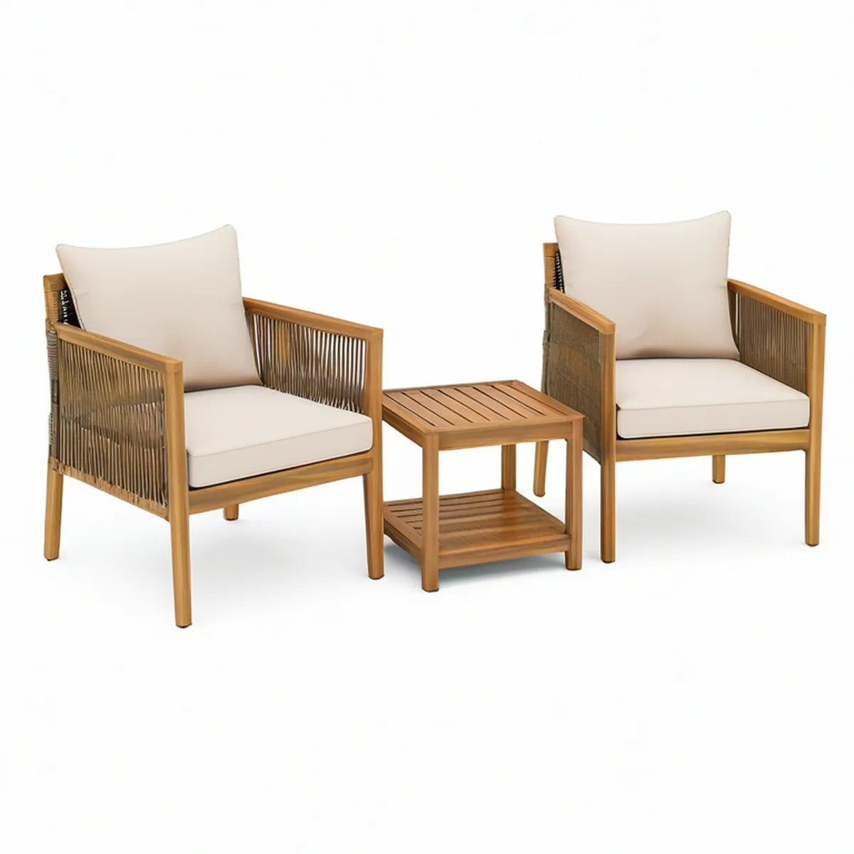 Set 2 křesel a stolku z akáciového masivu s béžovými polštáři, křesla 65 × 70 × 78 cm, stolek 50 × 50 × 45 cm